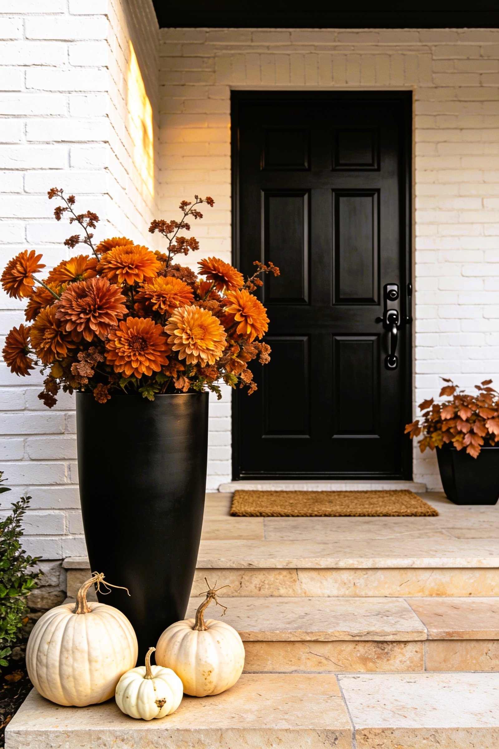 Modern farmhouse front porch with a matte-black door, white brick exterior, large black planter filled with terracotta chrysanthemums, pale ivory pumpkins, and natural limestone steps.
