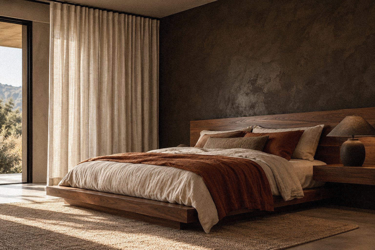 Modern organic bedroom with a charcoal-brown accent wall, walnut platform bed, and natural-white linen curtains suspended from a black ceiling track.