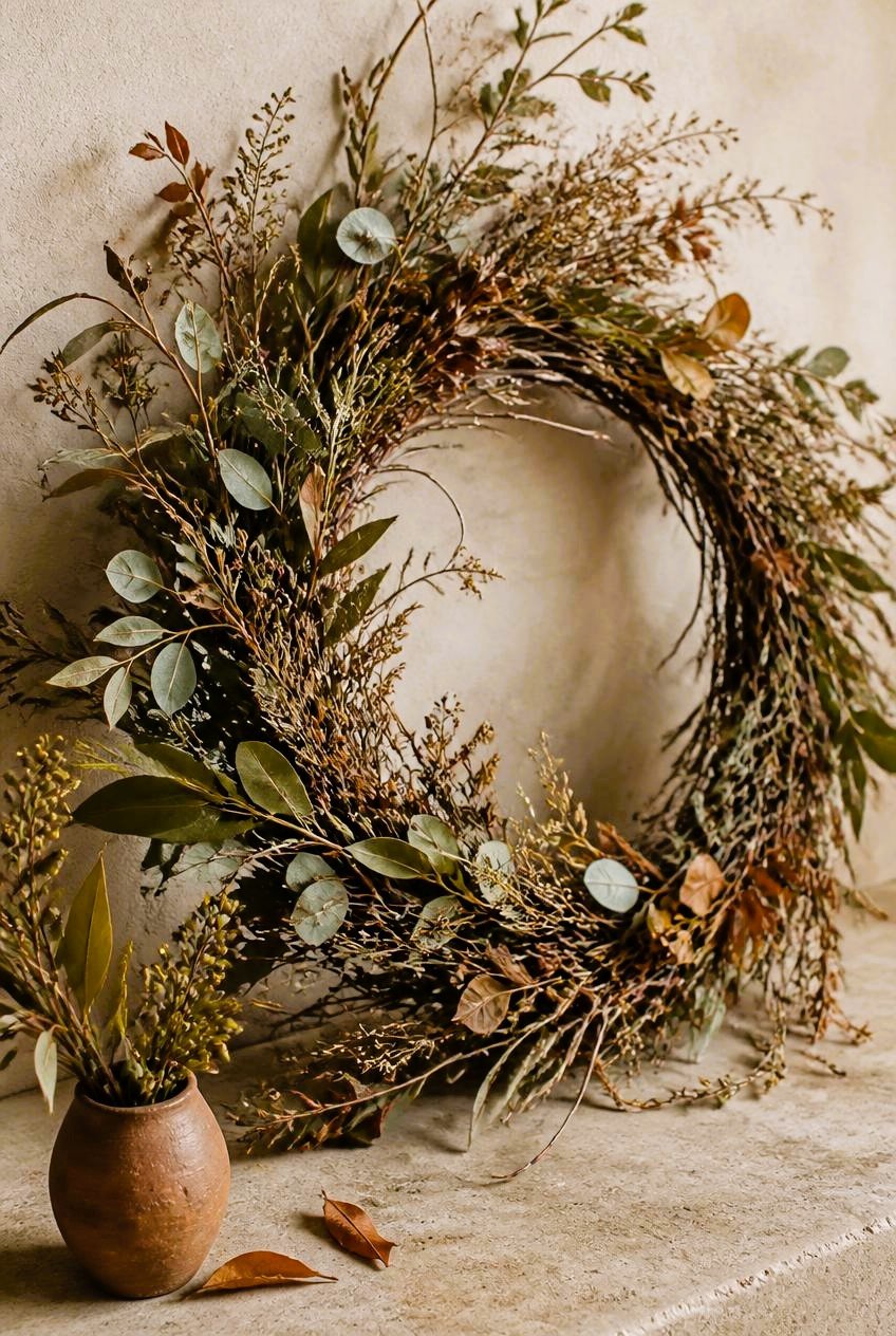 Close-up of an asymmetrical autumn wreath made from natural twigs, olive-green leaves, eucalyptus-like foliage, dried grasses, and bronze seed pods, leaning against a warm limestone plaster wall above a terracotta vessel.