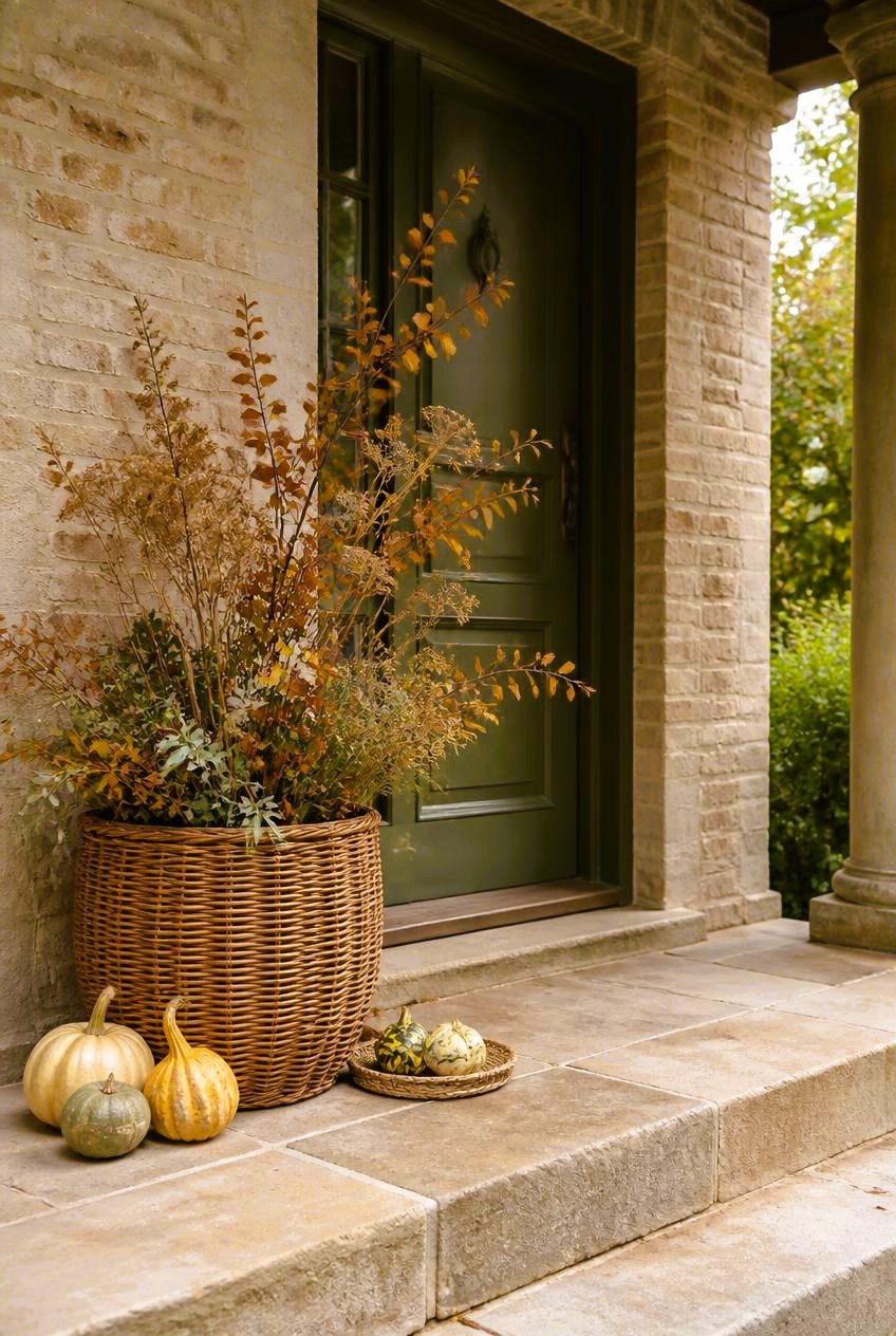 Country-style fall front porch with an oversized woven willow basket filled with autumn branches, dried grasses, and seed heads beside a muted olive door, limestone steps, and small seasonal gourds.