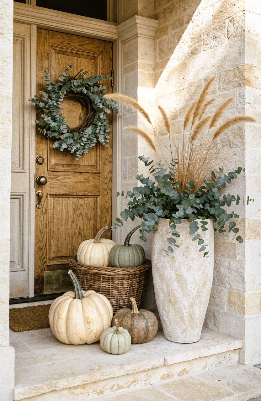 Elegant neutral fall front porch with an oak door, eucalyptus wreath, matte taupe planter, woven wicker basket, and ivory, sage, and taupe pumpkins on limestone steps.