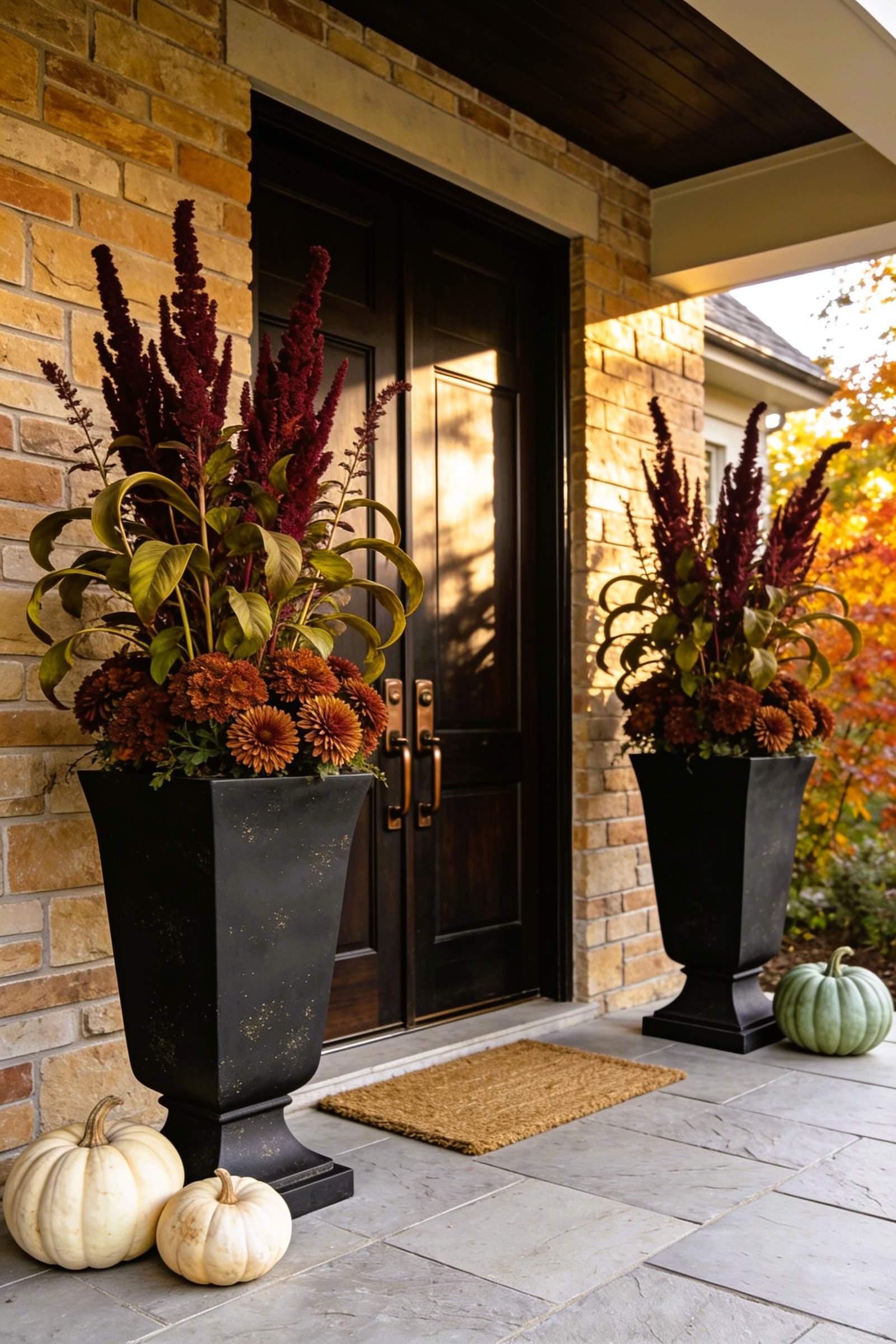 Spacious autumn front porch with two oversized matte-charcoal rectangular planters framing a walnut front door, filled with burgundy foliage, rust chrysanthemums, and olive greenery, with three neutral pumpkins.