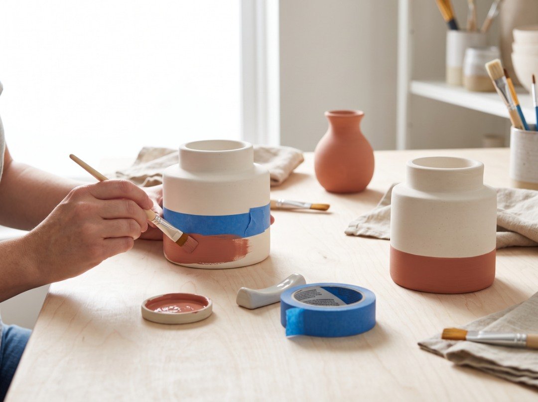Color-blocked ceramic candle holder with a terracotta-painted base, displayed beside a coordinating vase and simple painting supplies.