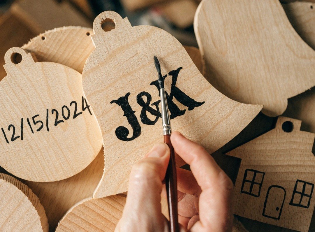Painted wooden Christmas ornaments with handmade details