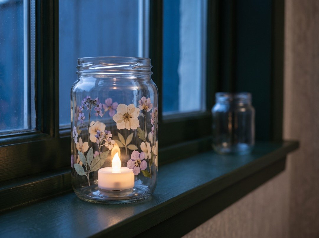 Handmade pressed-flower jar lantern decorated with dried pink and yellow flowers and illuminated by a battery-operated LED tealight.