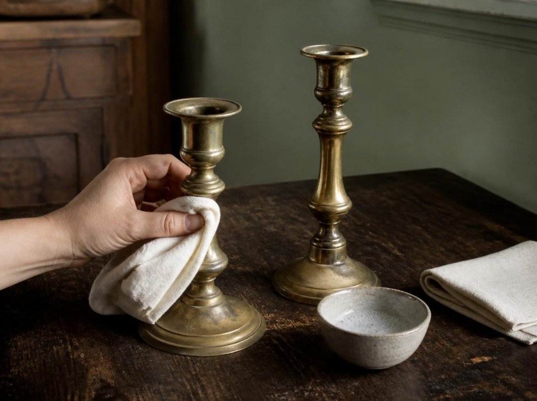 Two thrifted brass candlesticks being gently cleaned with a soft cloth and mild soapy water, preserving their vintage patina.