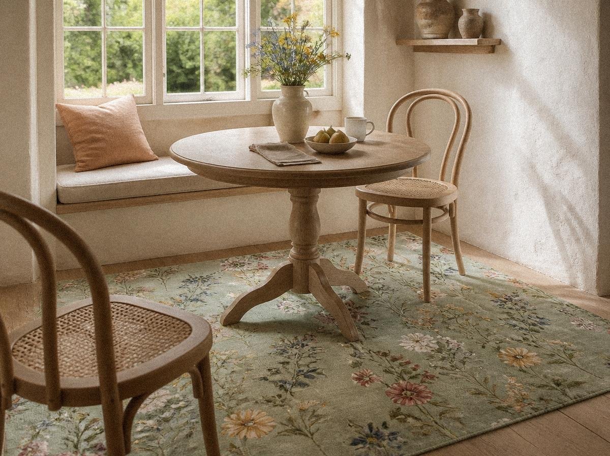 Cozy breakfast nook with a pale sage-green botanical rug, round ash-wood table, bentwood chairs, oatmeal linen window bench, and fresh garden flowers.