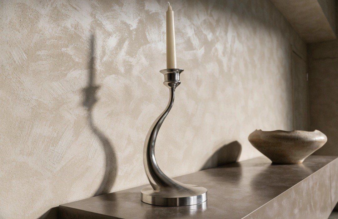Sculptural silver candleholder with an ivory LED taper displayed beside a low ceramic bowl on a minimalist taupe sideboard.