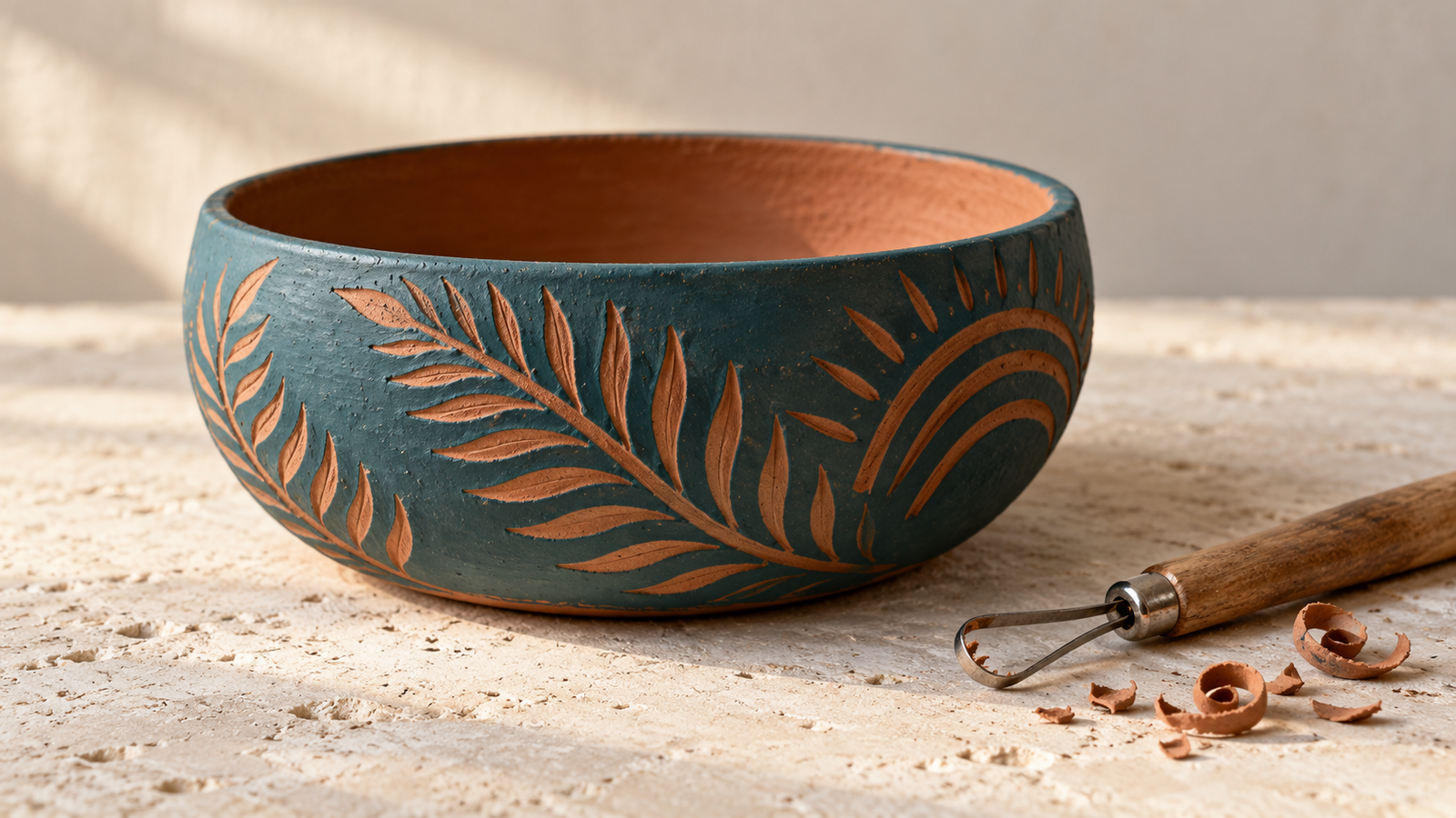 Teal sgraffito bowl with fern and sun motifs carved through the surface to reveal terracotta clay.