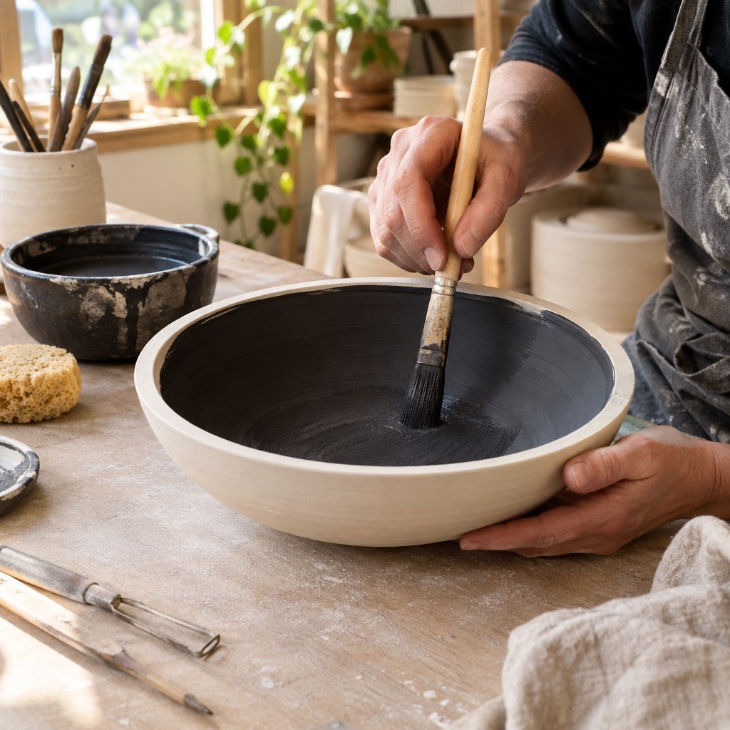 AI-generated illustration of a potter brushing black underglaze inside a pale ceramic dish