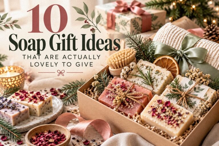 Handmade soap gift basket with botanical soap bars, dried flowers, a wooden bath brush, soft towels, and festive greenery, beautifully arranged for Christmas gifting.
