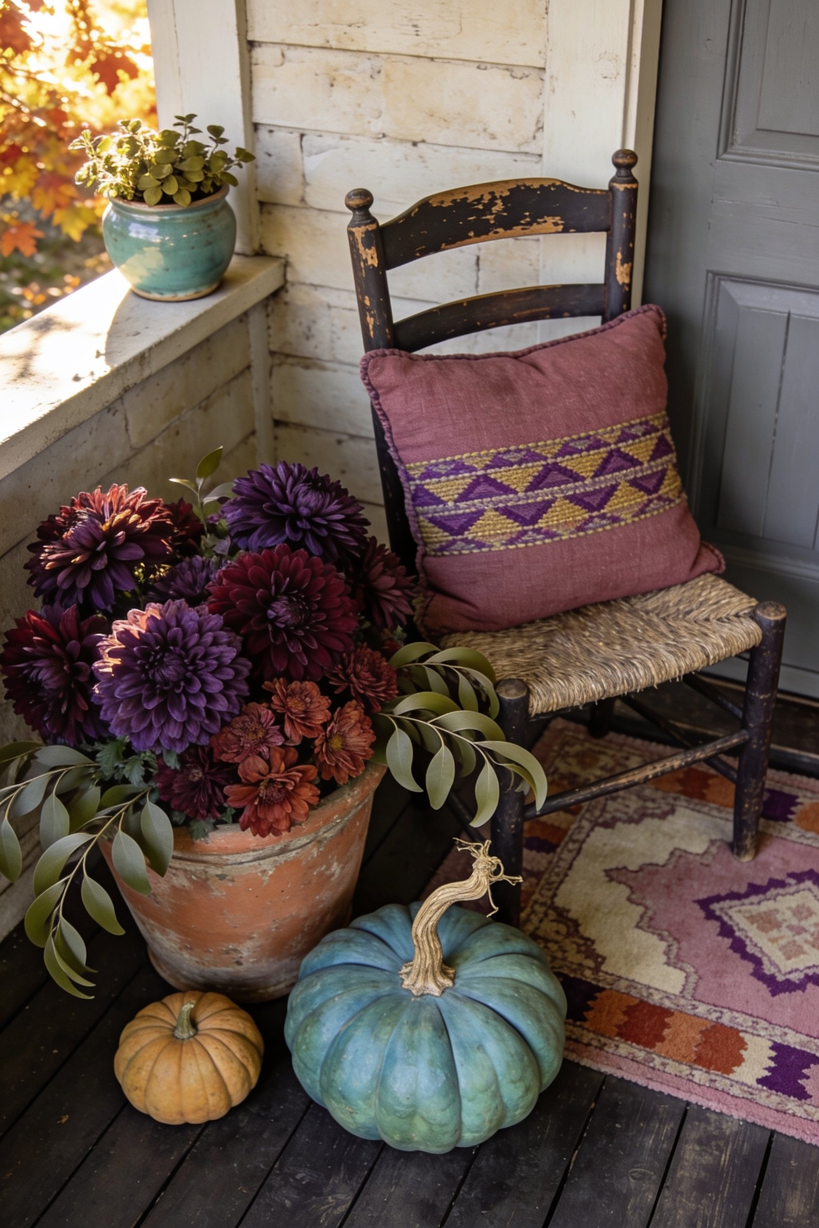 Eclectic autumn porch seating corner with a dark wooden chair, dusty rose patterned cushion, burgundy chrysanthemums in a terracotta planter, sea-glass blue pumpkin, and faded outdoor rug.
