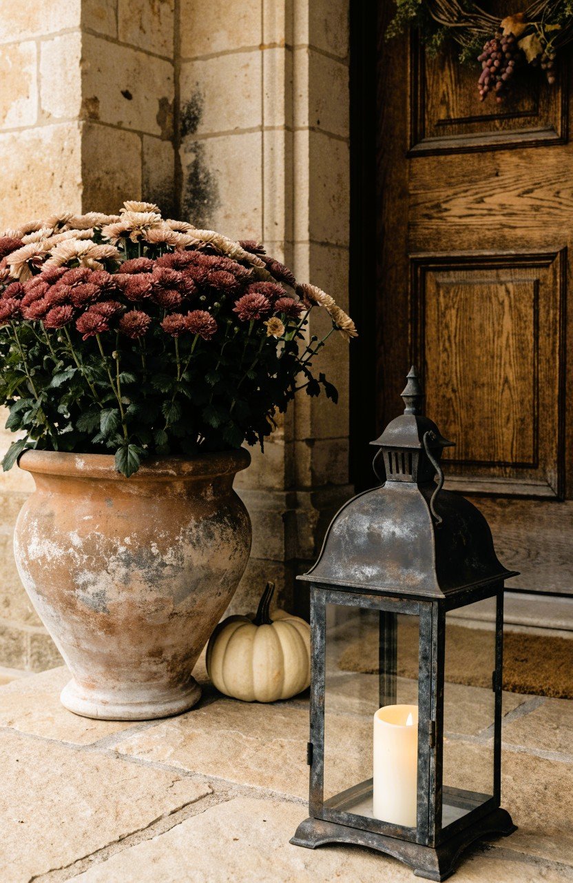 Close-up vintage autumn porch vignette with an aged dark-iron lantern holding an LED candle, patinated terracotta pot of burgundy and cream chrysanthemums, and a small ivory pumpkin on weathered stone.