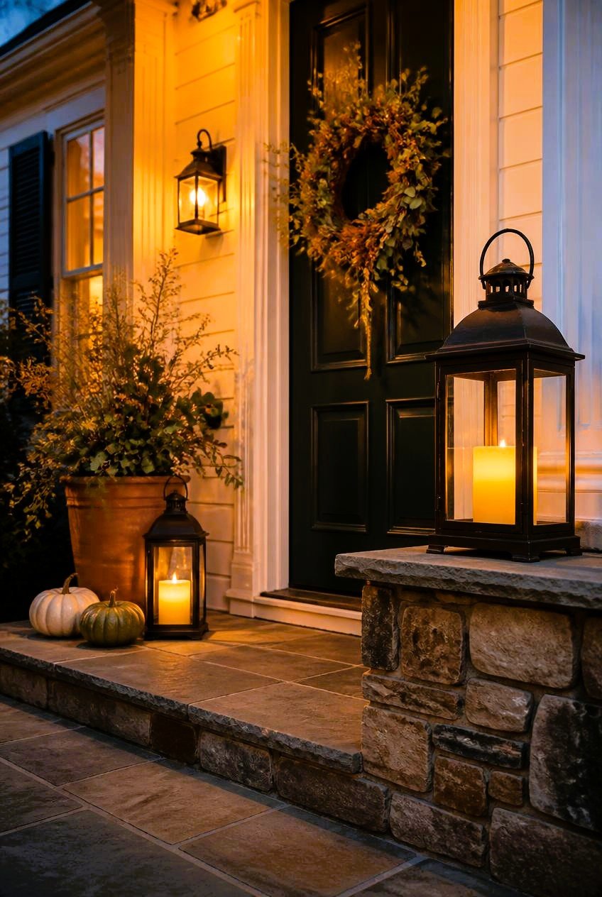 Elegant autumn front porch at blue hour with two glowing bronze lanterns, a forest-green front door, natural wreath, terracotta planter, and neutral pumpkins beside stone steps.