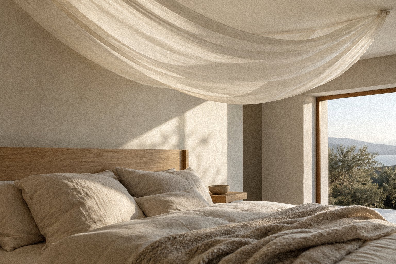 Ivory fabric ceiling swag draped above a minimalist bedroom bed with cream bedding, pale oak furniture, and warm natural light.